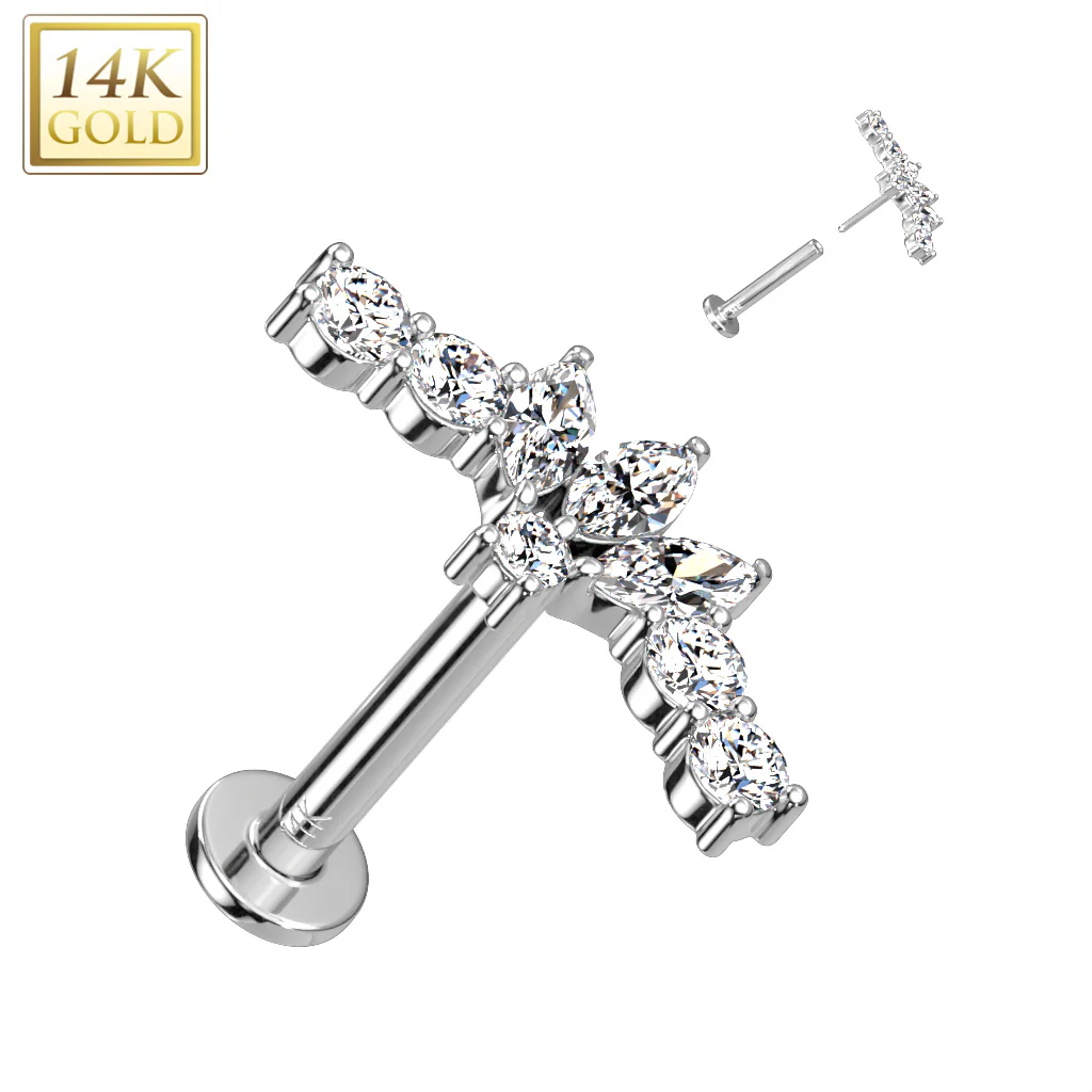 14K Solid Gold Threadless Labret With CZ Marquise Fan Top - Image 3