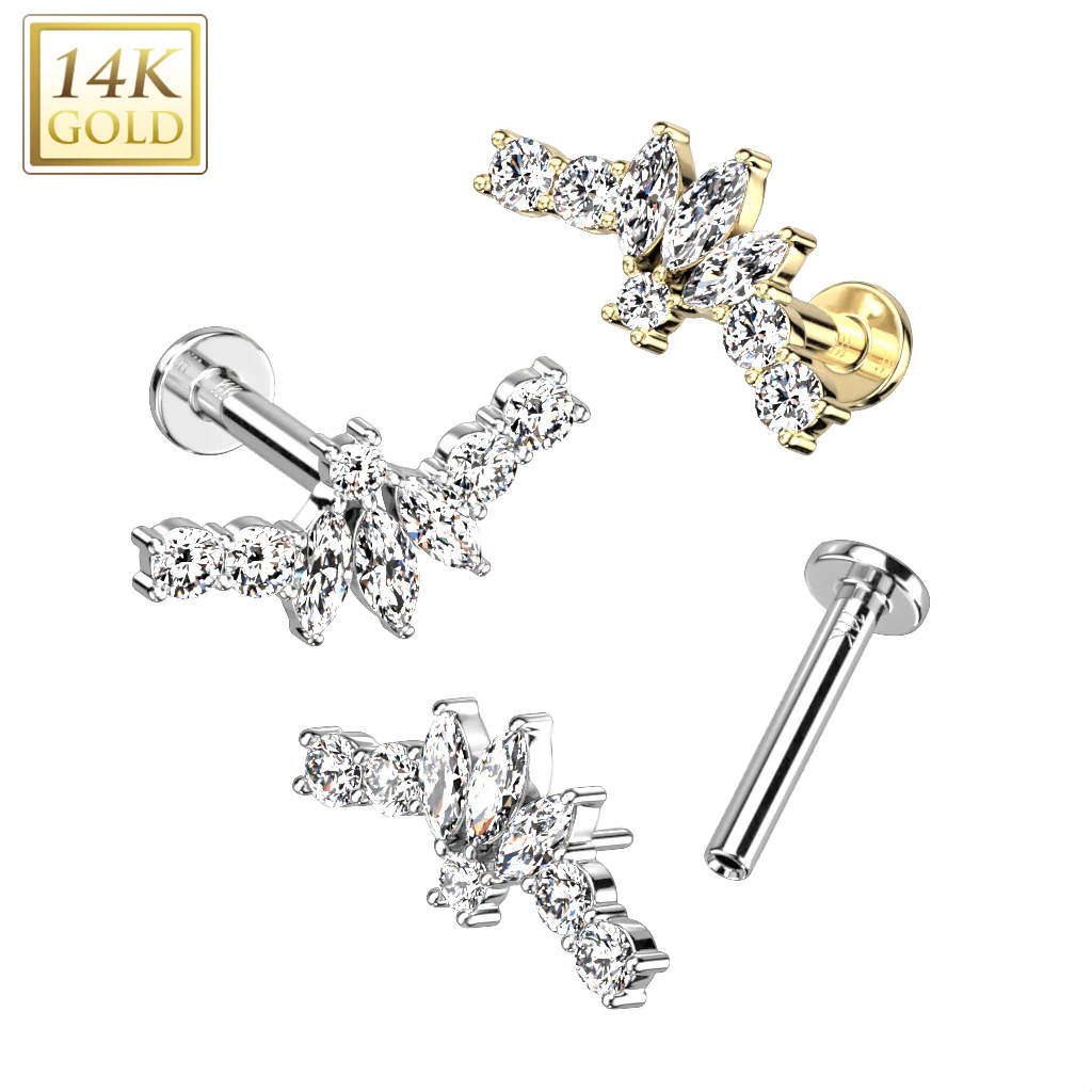 14K Solid Gold Threadless Labret With CZ Marquise Fan Top - Image 4