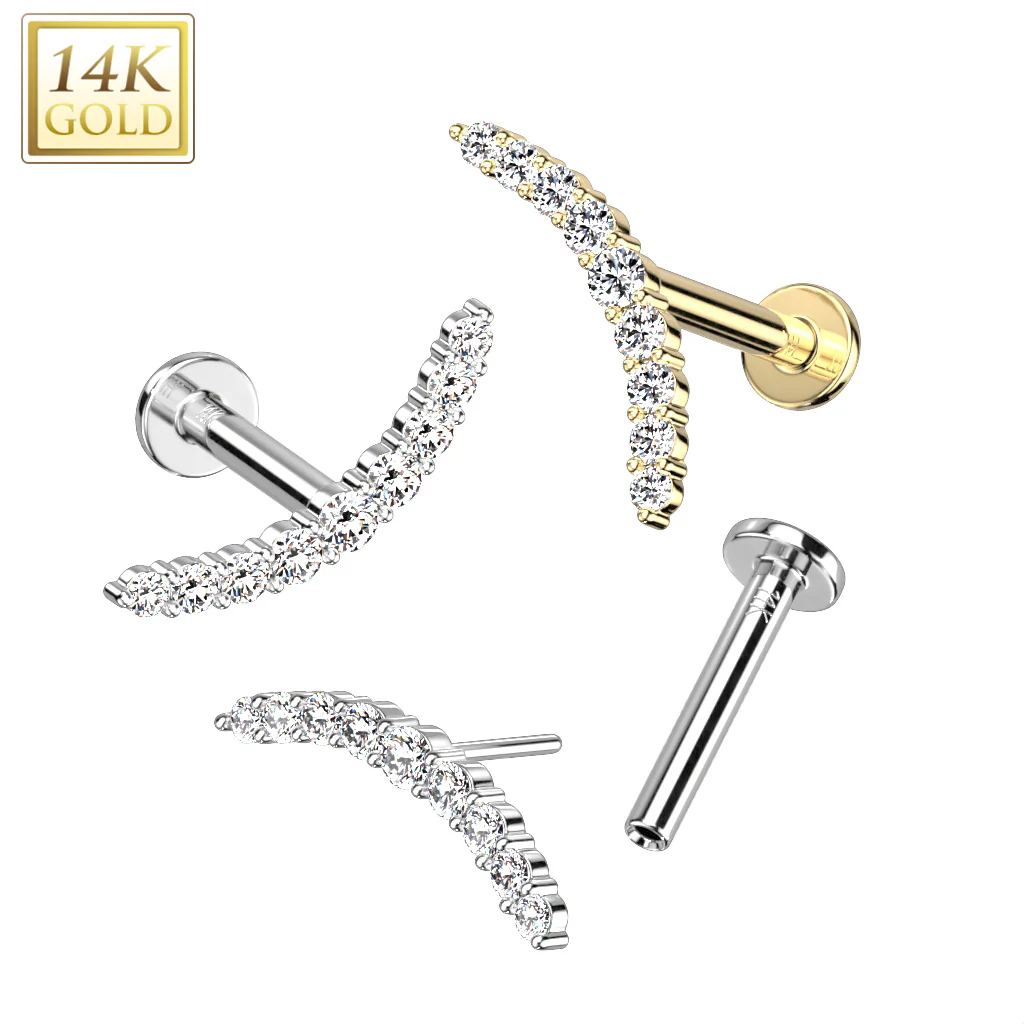14K Solid Gold Threadless Labret With CZ Paved Curve Top - Image 4
