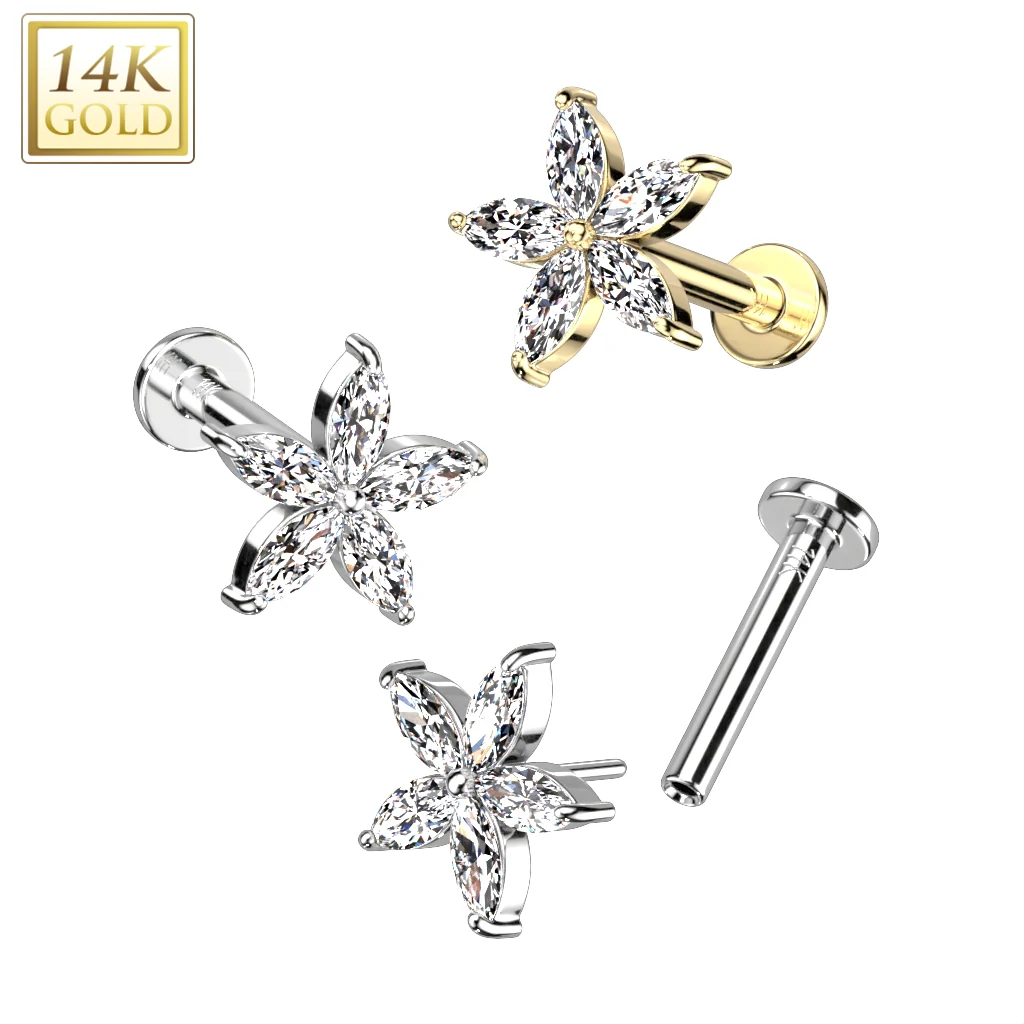 14K Solid Gold Threadless Labret With Flower CZ Top - Image 4