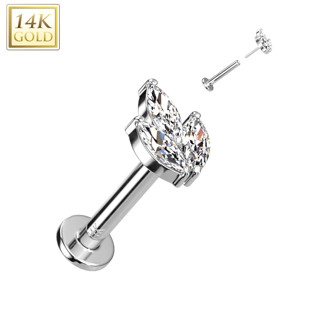 14K Solid Gold Threadless Labret With Marquise CZ Leaf Top - Image 3