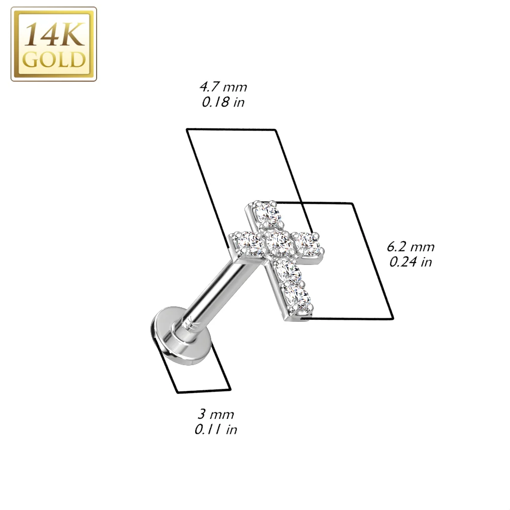 14K Solid Gold Threadless Labret With Prong CZ Cross Top - Image 2