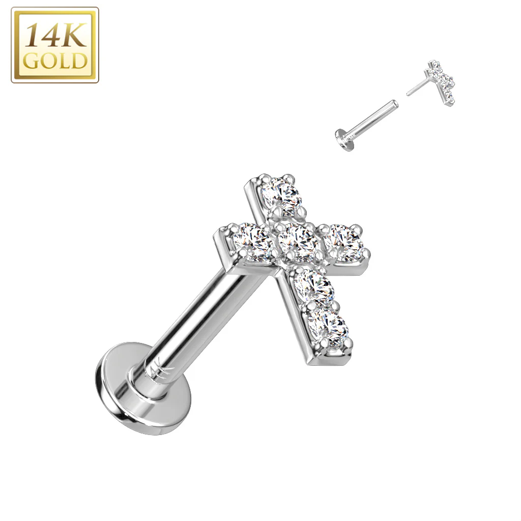 14K Solid Gold Threadless Labret With Prong CZ Cross Top - Image 3