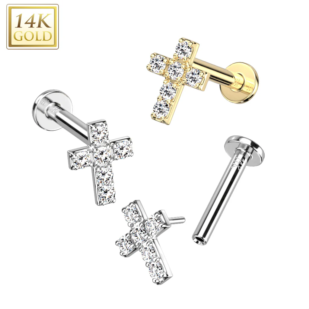 14K Solid Gold Threadless Labret With Prong CZ Cross Top - Image 4