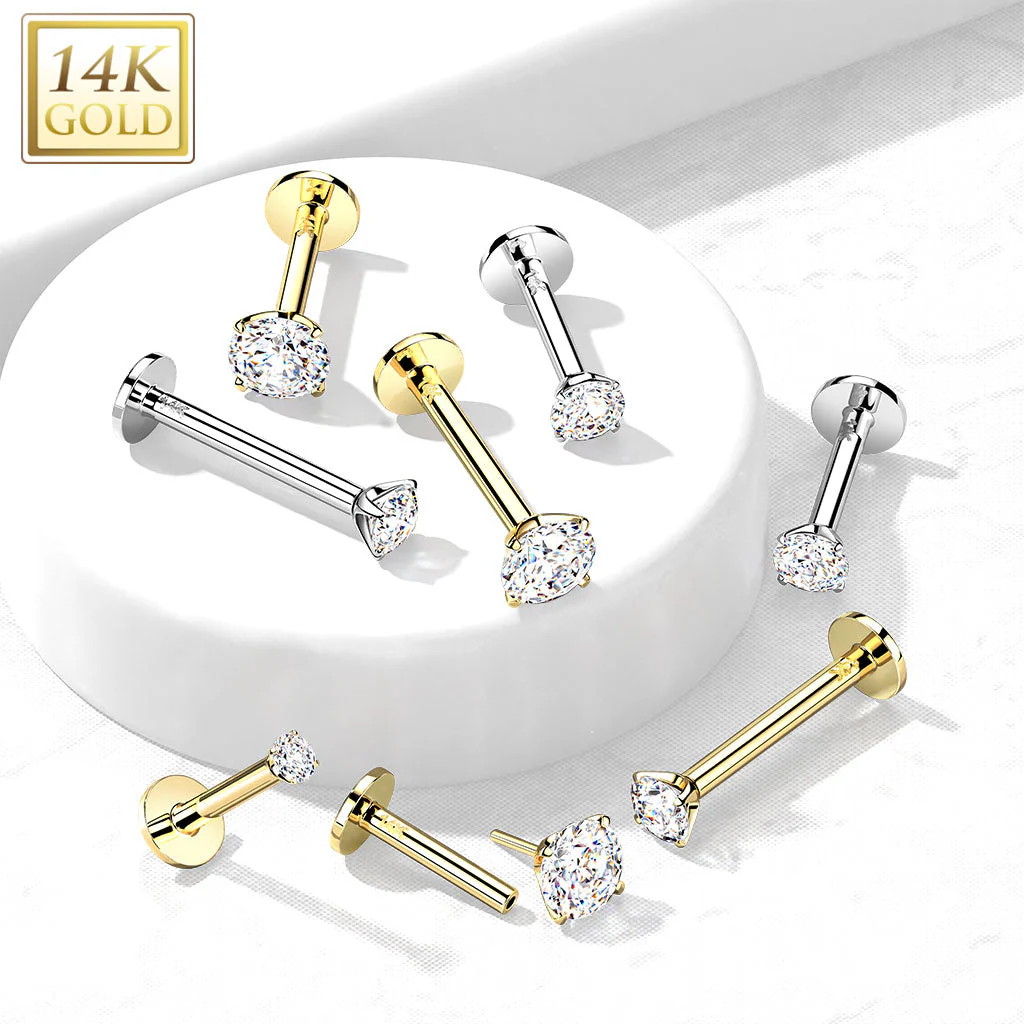 14K Solid Gold Threadless Labret With Prong CZ Top 16G