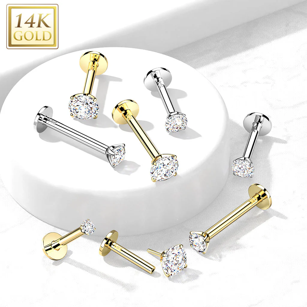 14K Solid Gold Threadless Labret With Prong CZ Top 18G