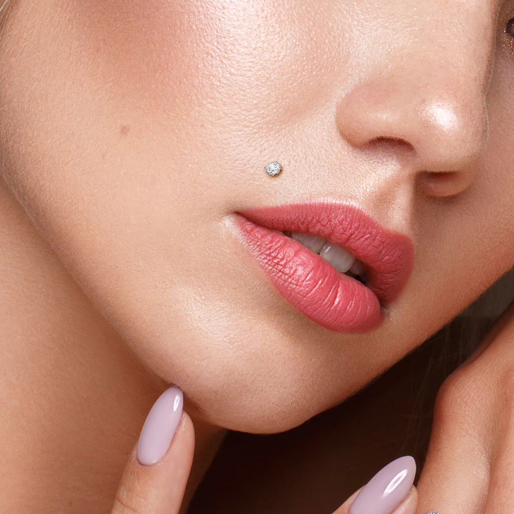 14K Solid Gold Threadless Labret With Prong CZ Top 18G - Image 2