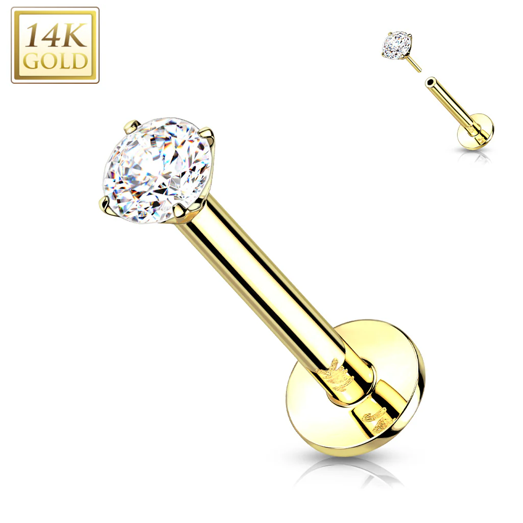 14K Solid Gold Threadless Labret With Prong CZ Top 18G - Image 4
