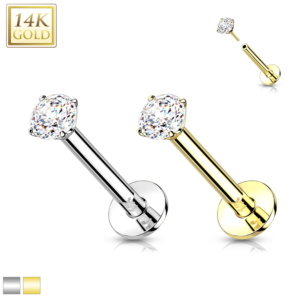 14K Solid Gold Threadless Labret With Prong CZ Top 18G - Image 5