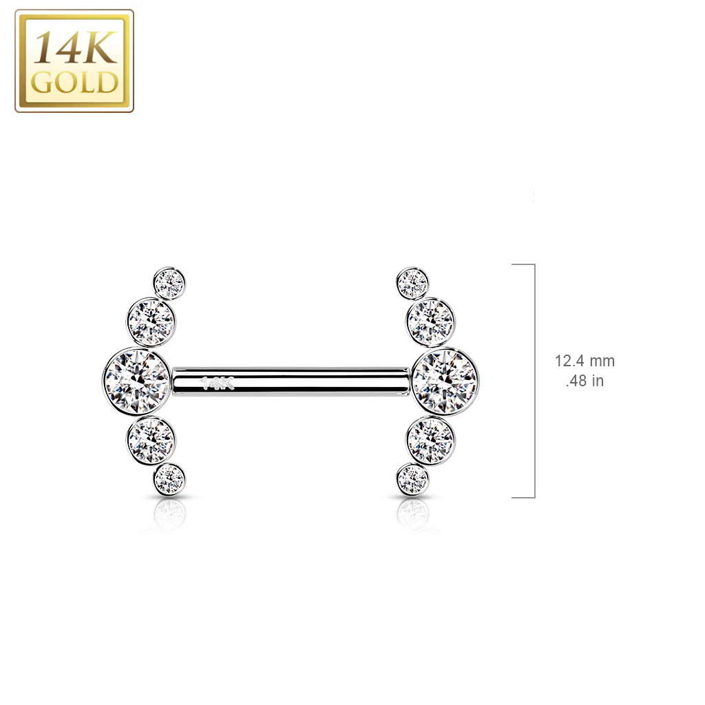 14K Solid Gold Threadless Nipple Barbells with Curve CZ Ends - Image 4