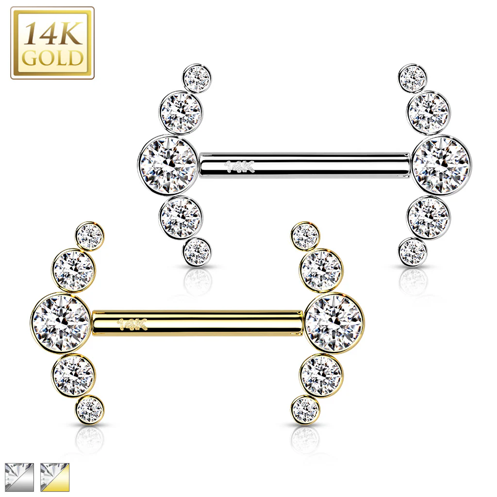 14K Solid Gold Threadless Nipple Barbells with Curve CZ Ends - Image 5