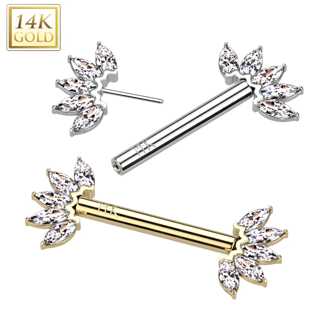 14K Solid Gold Threadless Nipple Barbells with Marquise CZ Set