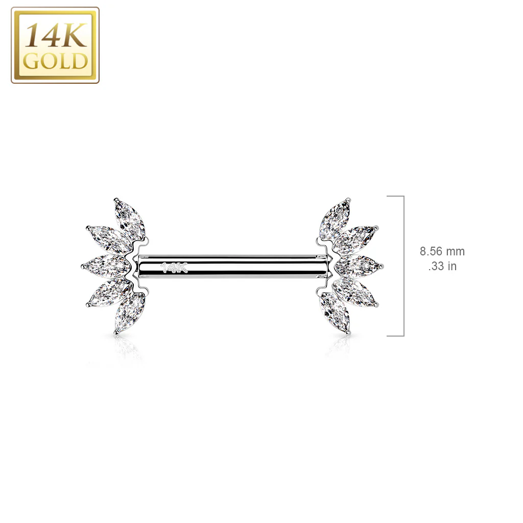 14K Solid Gold Threadless Nipple Barbells with Marquise CZ Set - Image 2