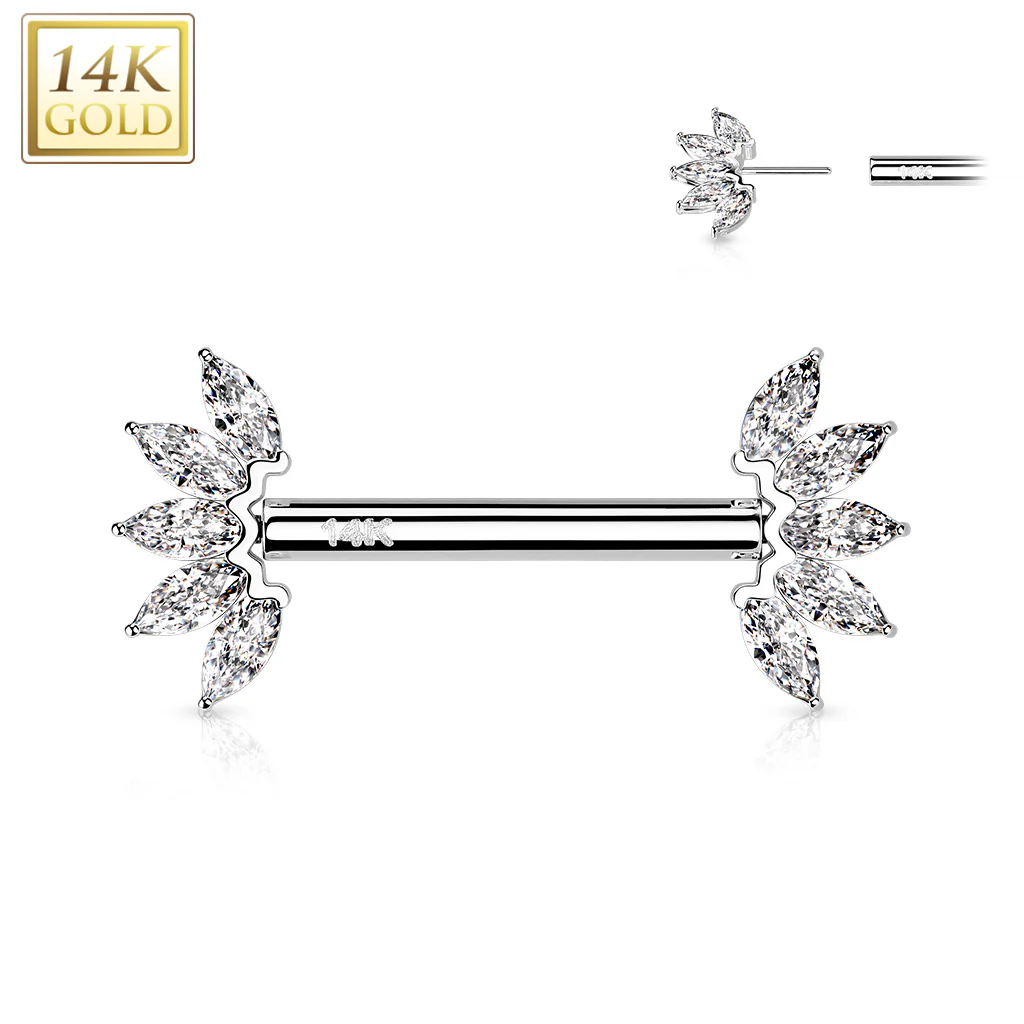 14K Solid Gold Threadless Nipple Barbells with Marquise CZ Set - Image 3