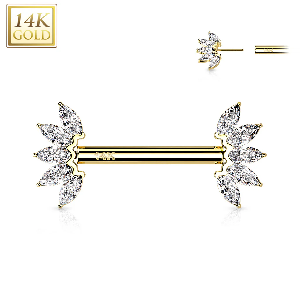 14K Solid Gold Threadless Nipple Barbells with Marquise CZ Set - Image 4