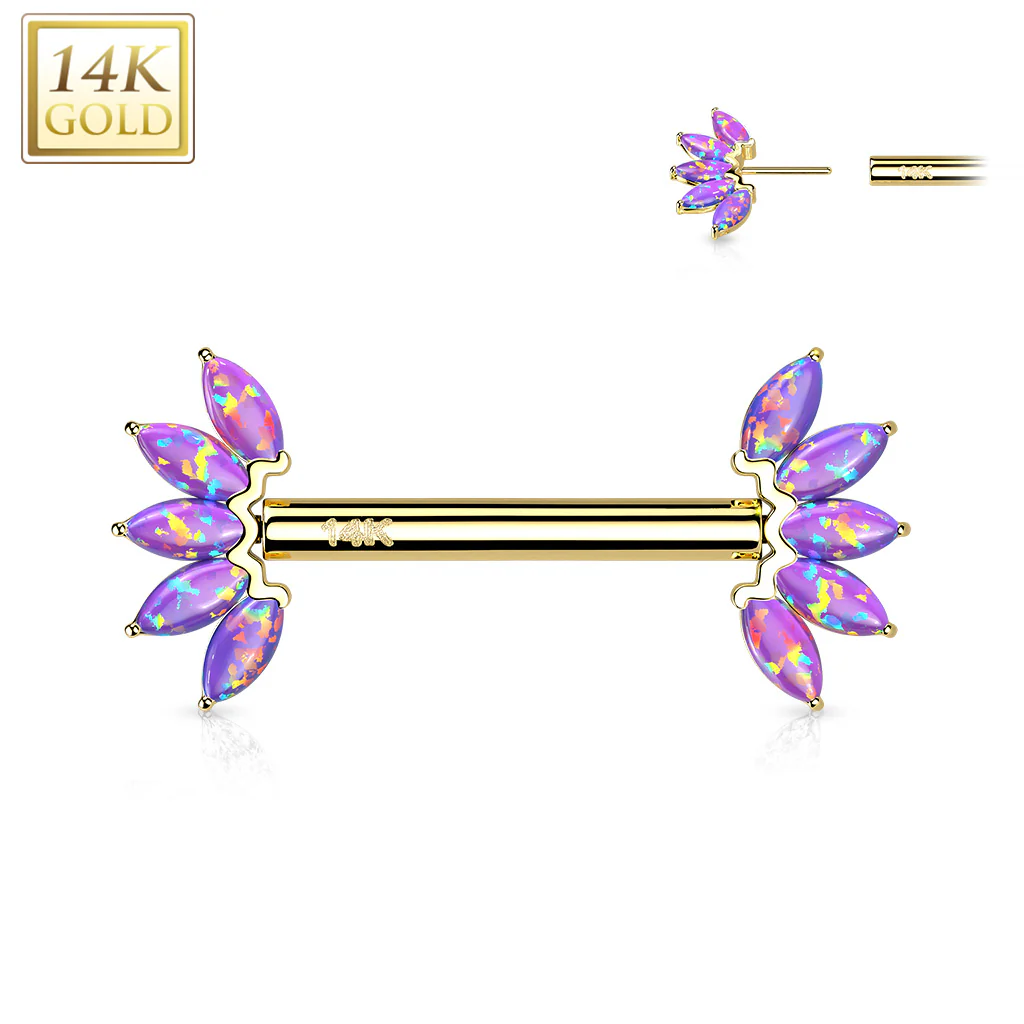 14K Solid Gold Threadless Nipple Barbells with Marquise Opal Set - Image 10