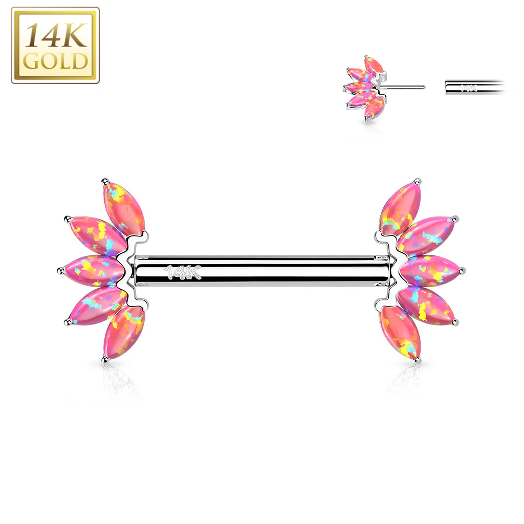 14K Solid Gold Threadless Nipple Barbells with Marquise Opal Set - Image 5