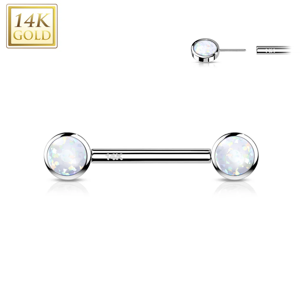 14K Solid Gold Threadless Nipple Barbells with Round Bezel Opals - Image 3