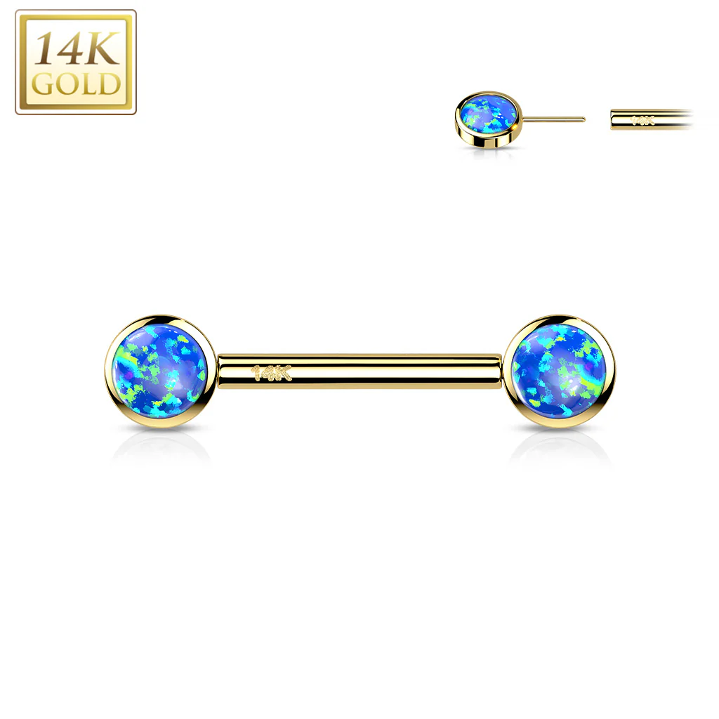 14K Solid Gold Threadless Nipple Barbells with Round Bezel Opals - Image 4