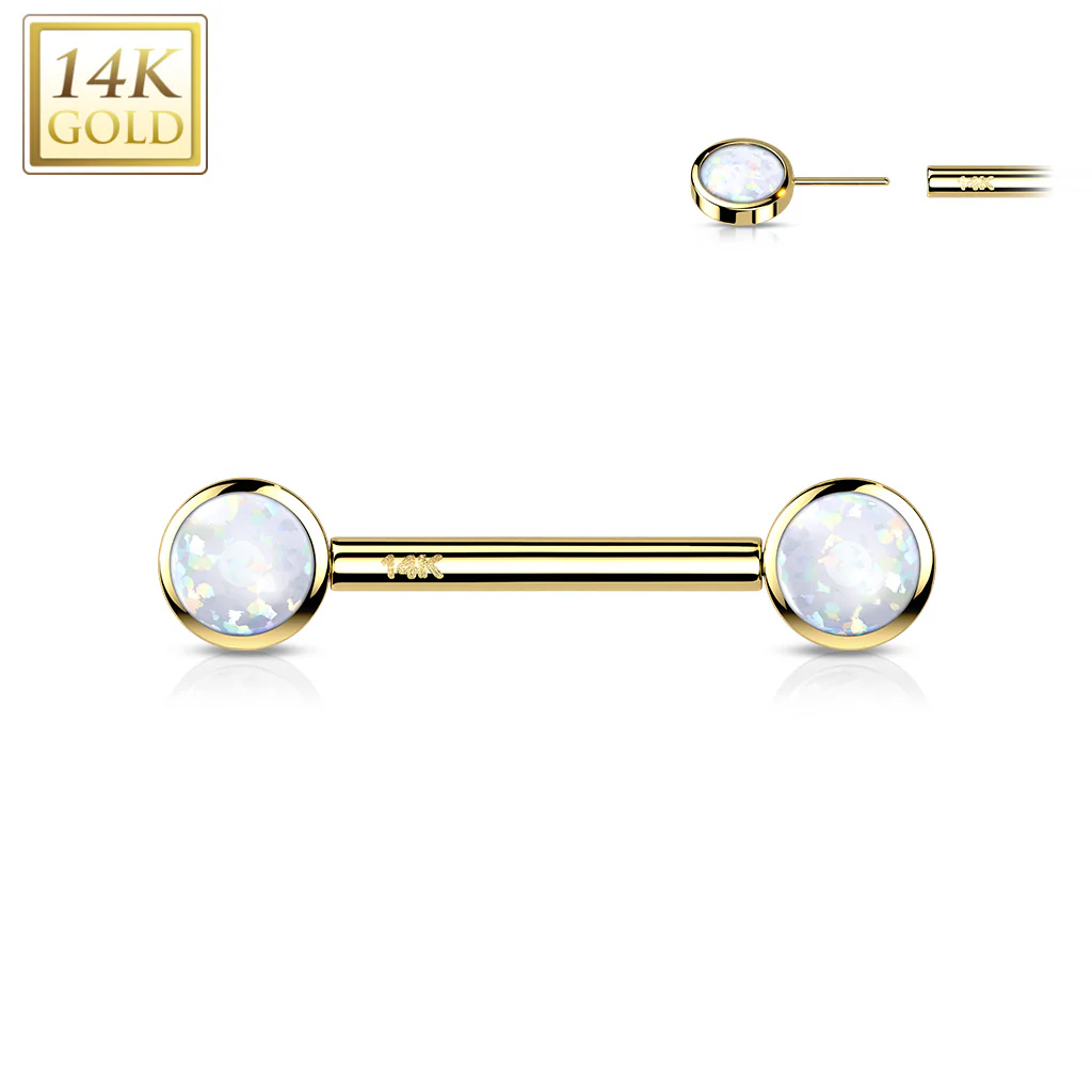 14K Solid Gold Threadless Nipple Barbells with Round Bezel Opals - Image 5