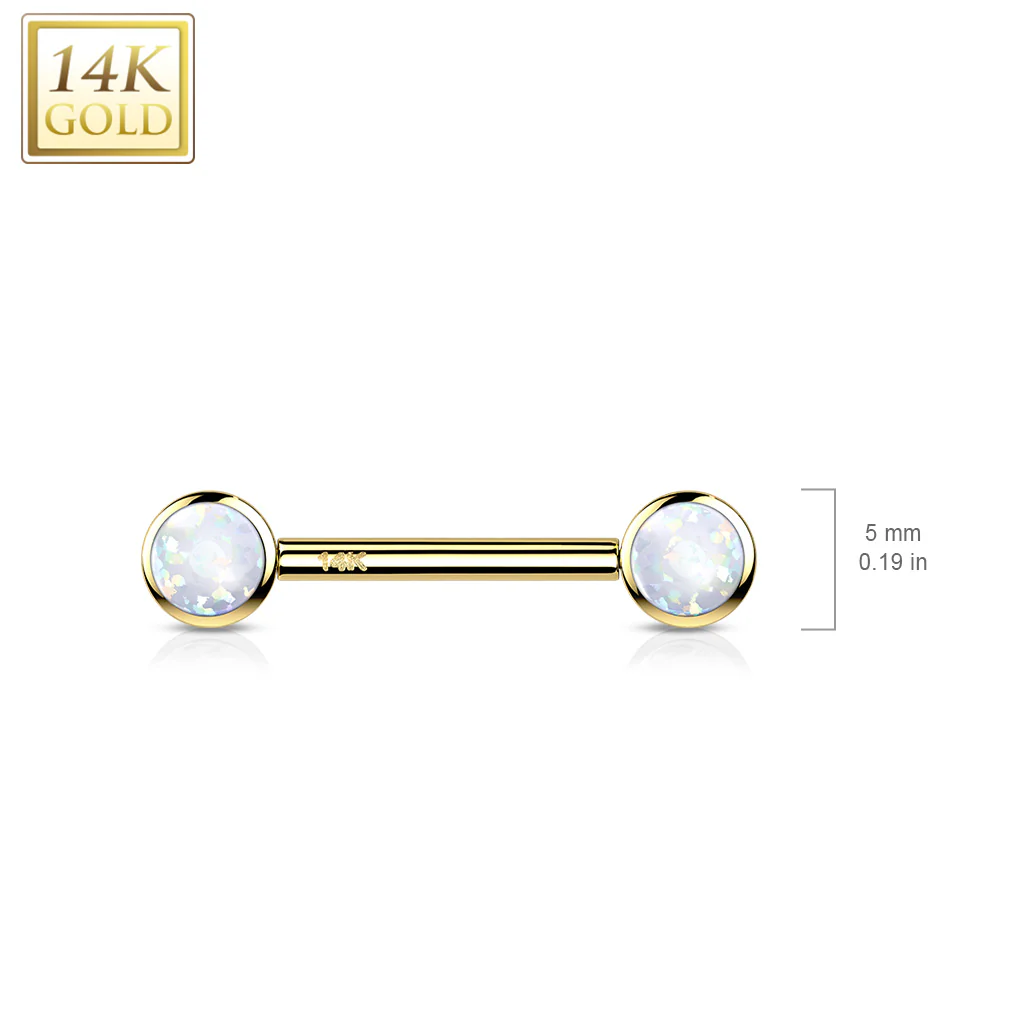 14K Solid Gold Threadless Nipple Barbells with Round Bezel Opals - Image 6
