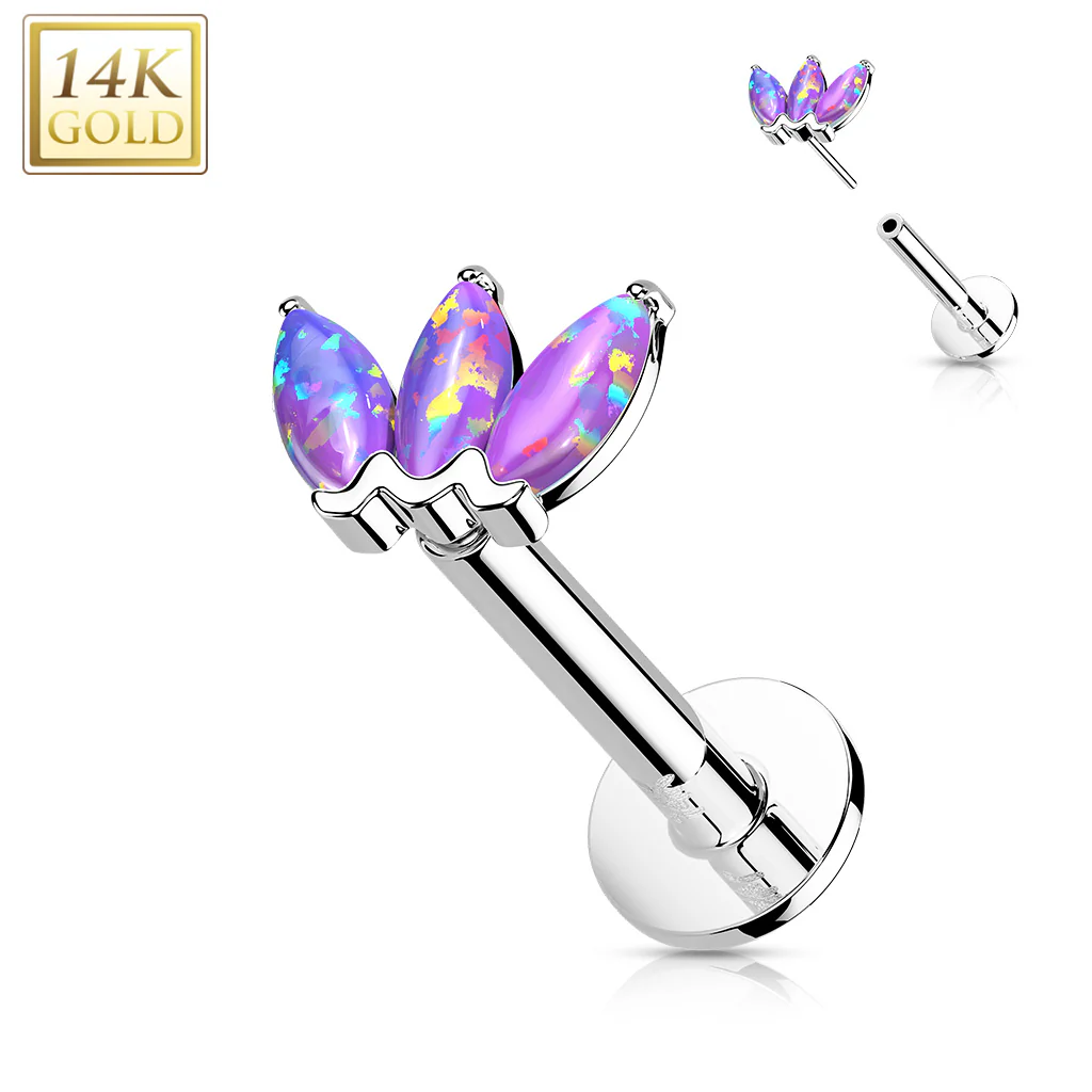 14K Solid Gold Threadless Opal Marquise Top Labret Flat Back Stud - Image 6