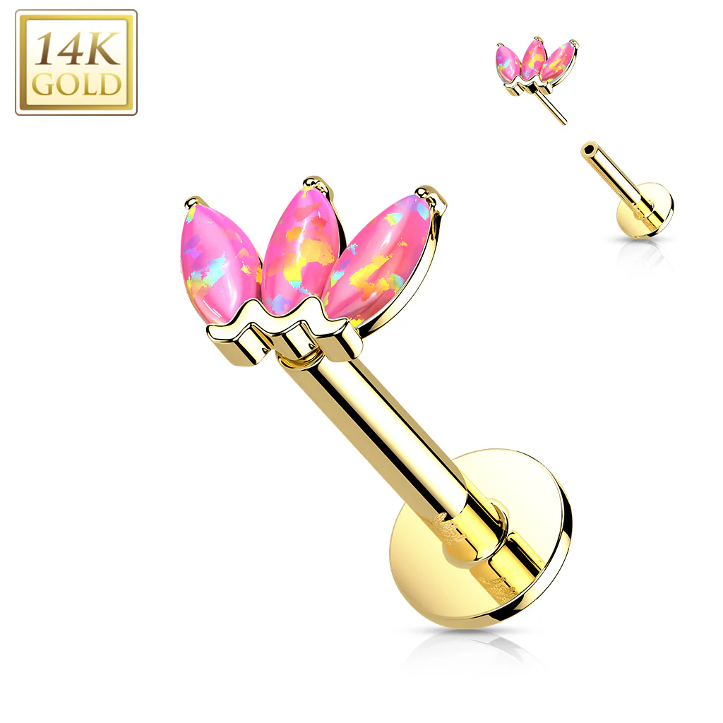 14K Solid Gold Threadless Opal Marquise Top Labret Flat Back Stud - Image 9