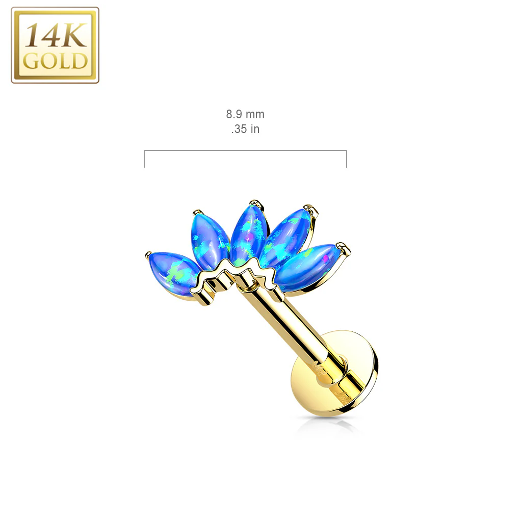 14K Solid Gold Threadless Opals Marquise Top Labret Flat Back Stud - Image 2