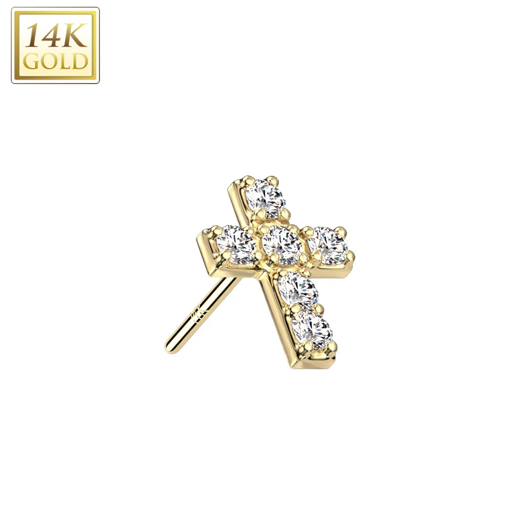 14K Solid Gold Threadless Push In 6 CZ Set Cross Replacement For Lip - Image 2