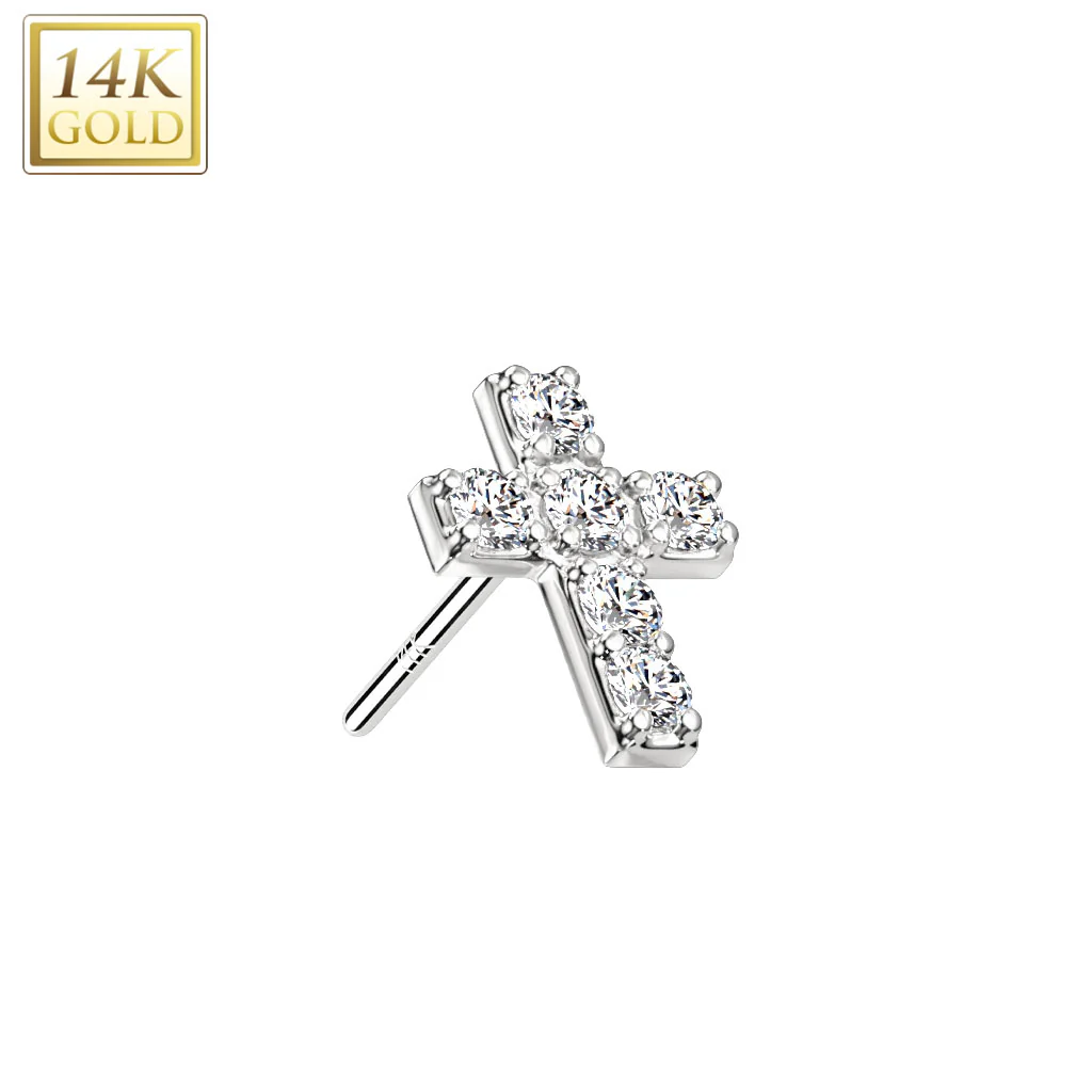 14K Solid Gold Threadless Push In 6 CZ Set Cross Replacement For Lip - Image 3