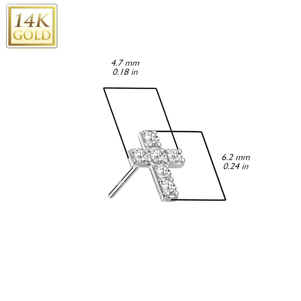 14K Solid Gold Threadless Push In 6 CZ Set Cross Replacement For Lip - Image 4