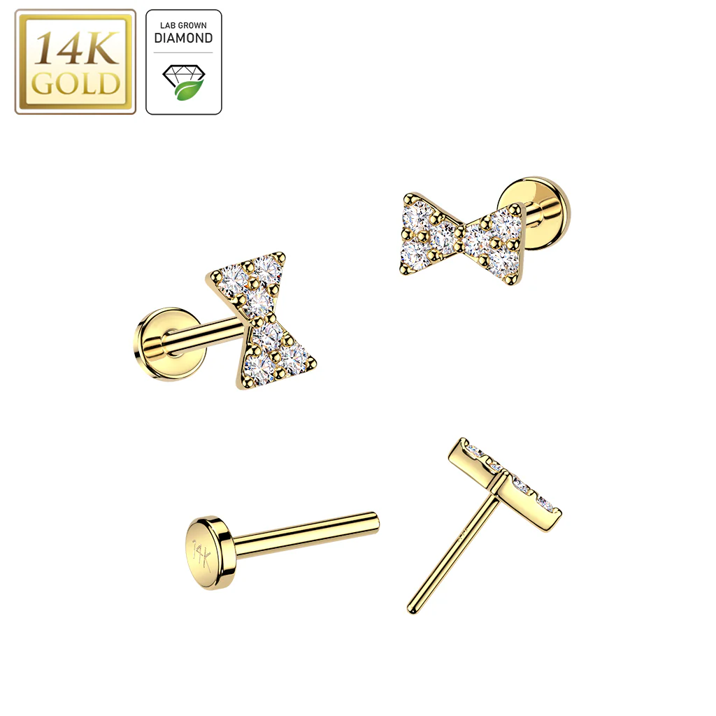 14K Solid Gold Threadless Push In Bowtie Lab Grown Diamonds Stud Labret Tragus - Image 4
