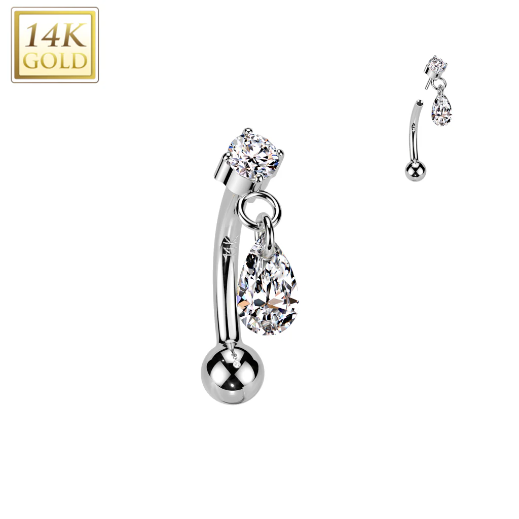 14K Solid Gold Threadless Push In Curved Eyebrow Barbell & Teardrop CZ Dangle - Image 3