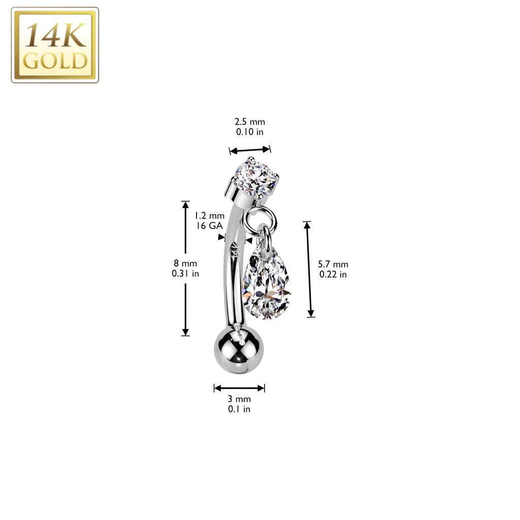 14K Solid Gold Threadless Push In Curved Eyebrow Barbell & Teardrop CZ Dangle - Image 4
