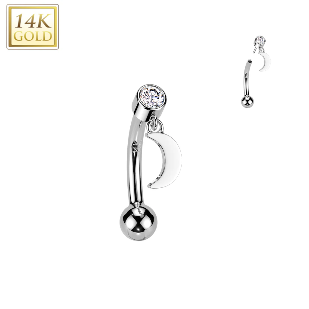 14K Solid Gold Threadless Push In Curved Eyebrow Barbell & Crescent Moon Dangle - Image 2