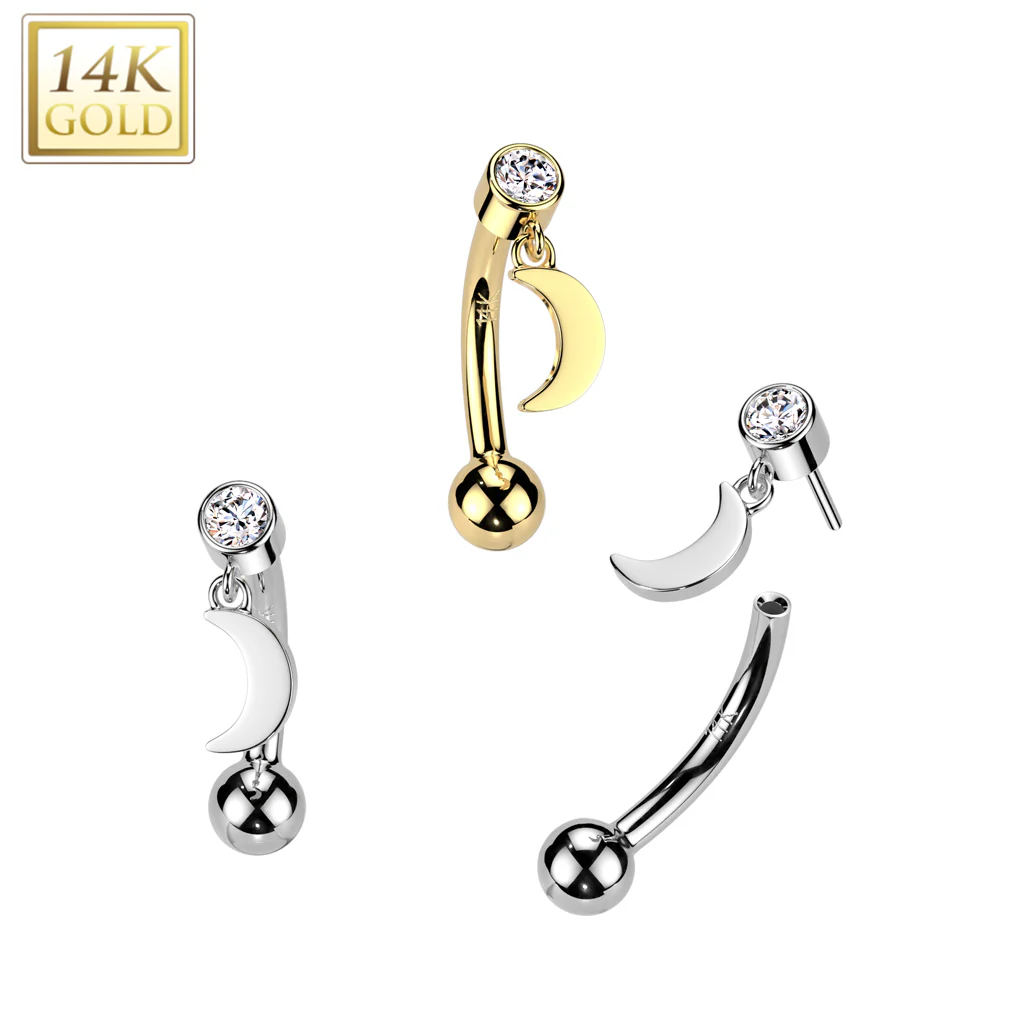 14K Solid Gold Threadless Push In Curved Eyebrow Barbell & Crescent Moon Dangle - Image 3