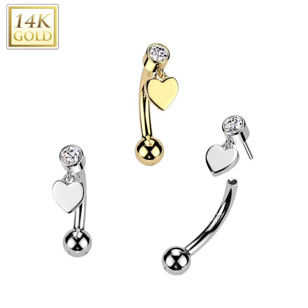 14K Solid Gold Threadless Push In Curved Eyebrow Barbell & Heart Dangle - Image 3
