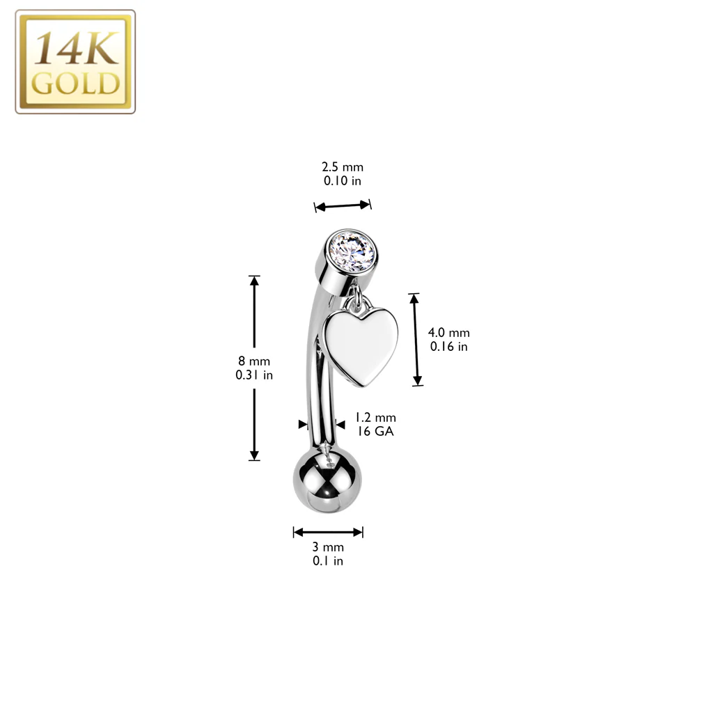 14K Solid Gold Threadless Push In Curved Eyebrow Barbell & Heart Dangle - Image 4