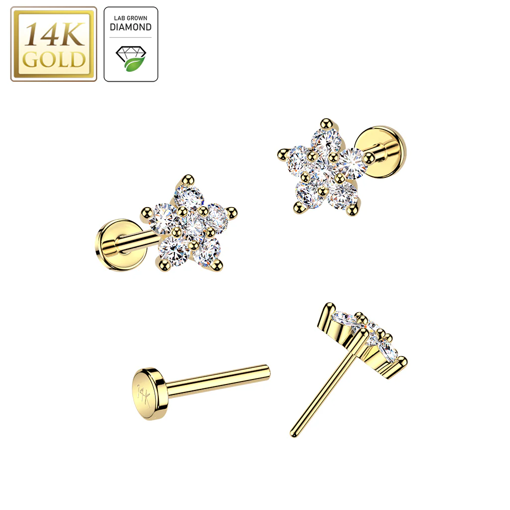 14K Solid Gold Threadless Push In Flower Lab Grown Diamonds Stud Labret Tragus - Image 4