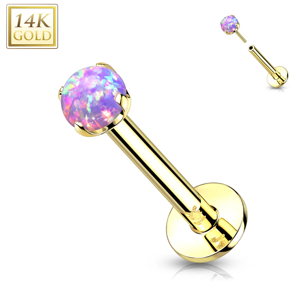 14K Solid Gold Threadless Push-in Labret Studs With Prong Opal Top - Image 10