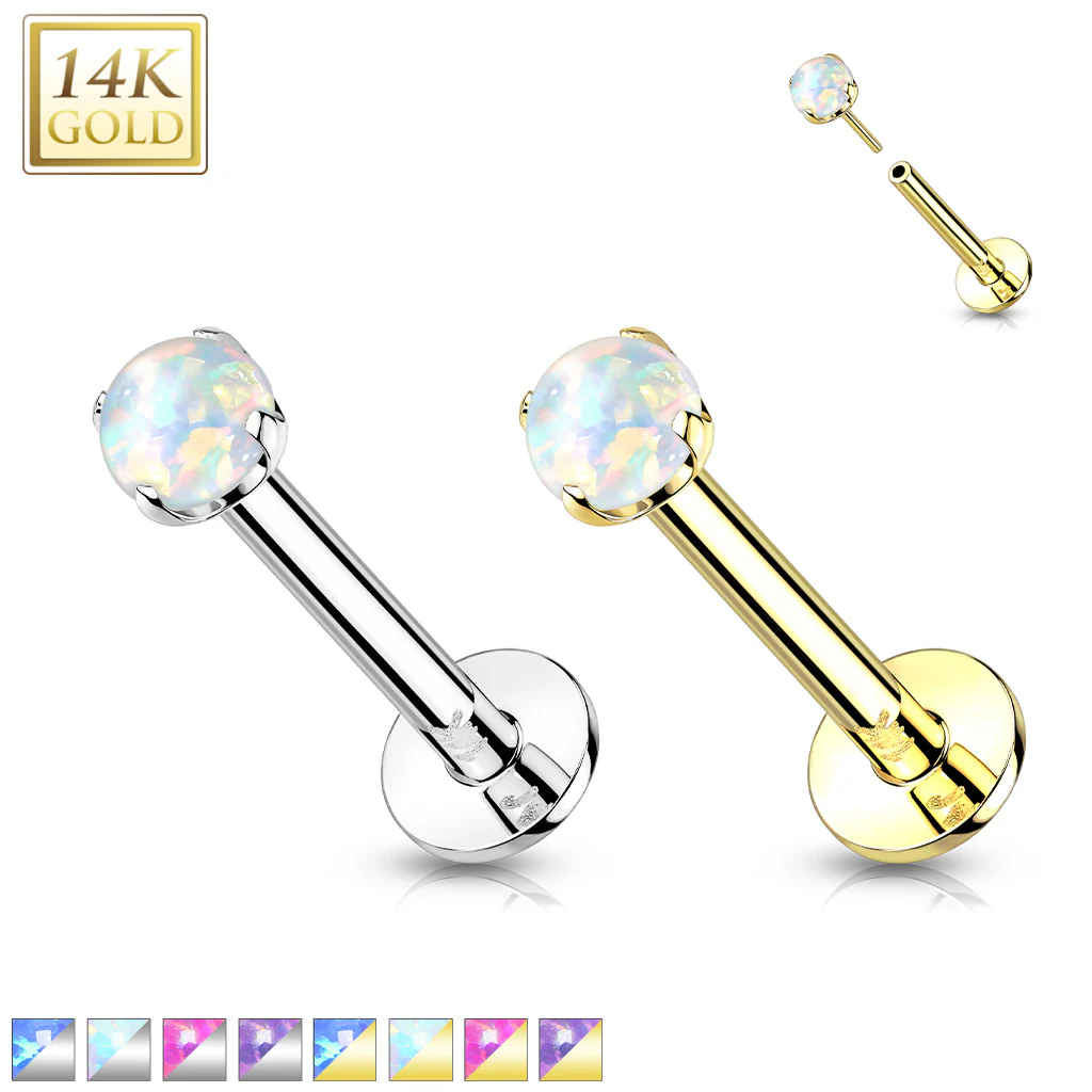 14K Solid Gold Threadless Push-in Labret Studs With Prong Opal Top - Image 11