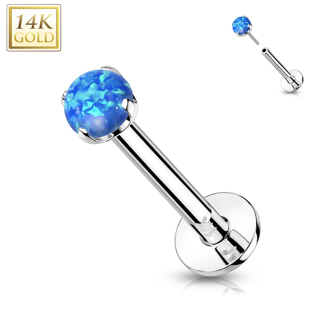 14K Solid Gold Threadless Push-in Labret Studs With Prong Opal Top - Image 3