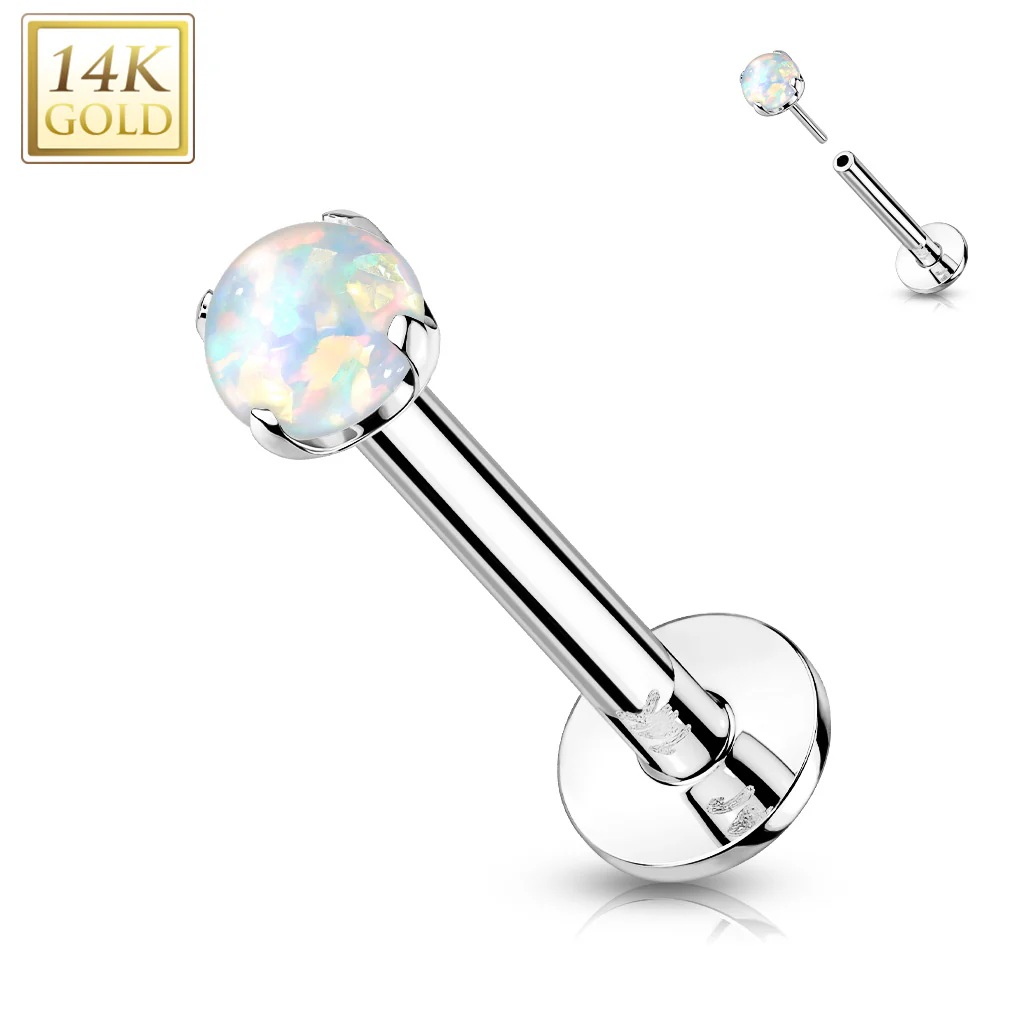14K Solid Gold Threadless Push-in Labret Studs With Prong Opal Top - Image 4