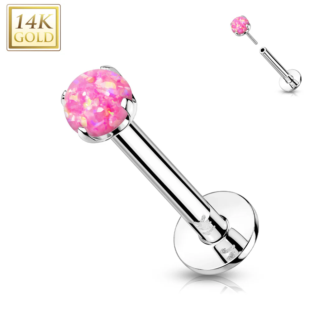 14K Solid Gold Threadless Push-in Labret Studs With Prong Opal Top - Image 5
