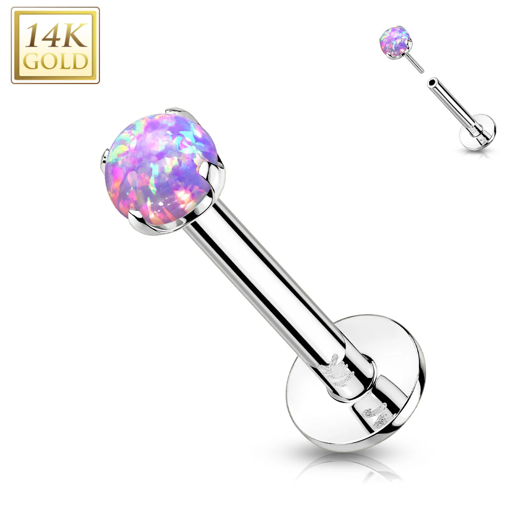 14K Solid Gold Threadless Push-in Labret Studs With Prong Opal Top - Image 6