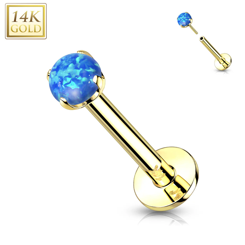 14K Solid Gold Threadless Push-in Labret Studs With Prong Opal Top - Image 7