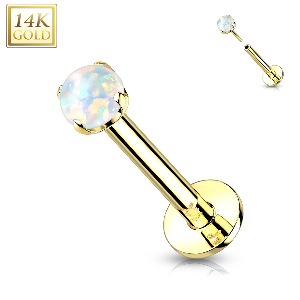 14K Solid Gold Threadless Push-in Labret Studs With Prong Opal Top - Image 8