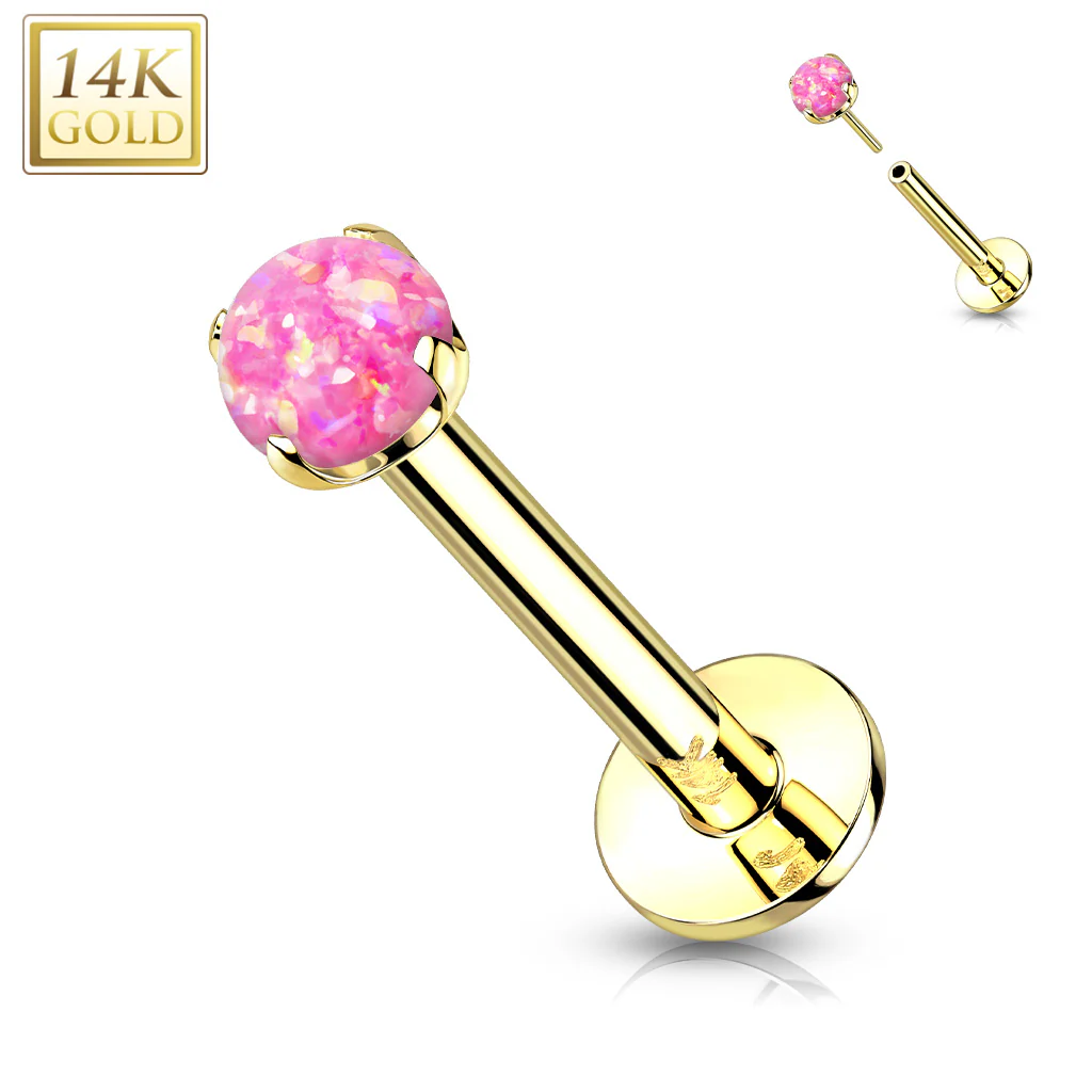 14K Solid Gold Threadless Push-in Labret Studs With Prong Opal Top - Image 9