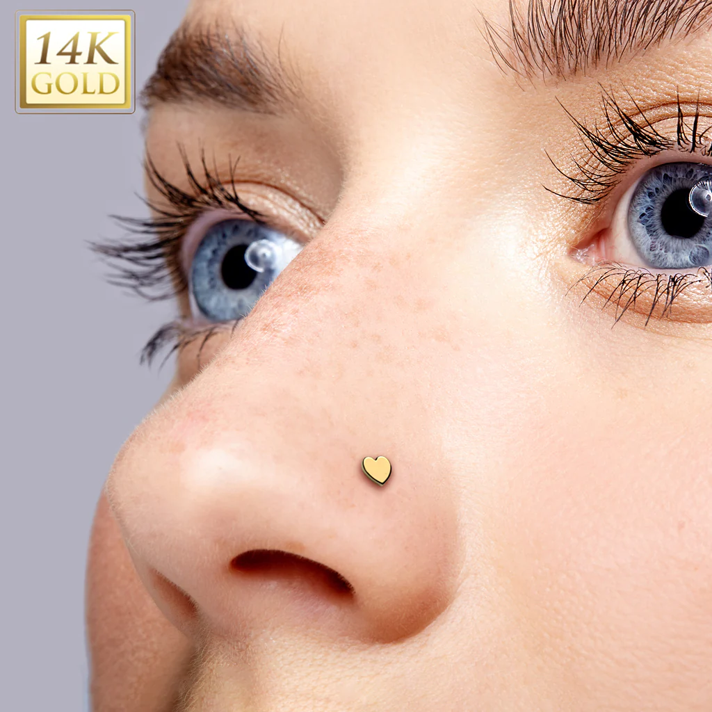 14K Solid Gold Threadless Push In Nose Stud With Heart Top - Image 2