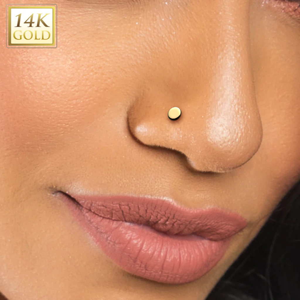 14K Solid Gold Threadless Push In Flat Back Stud With Round Top for Nose Tragus